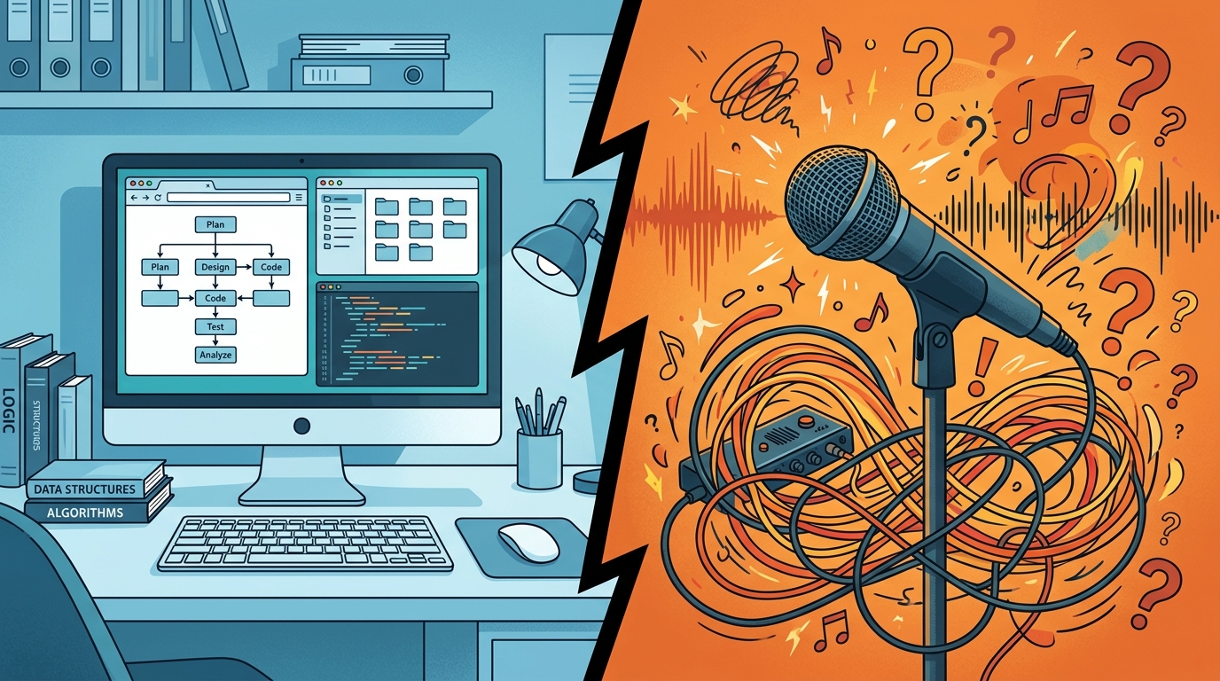 Structured computer workspace on the left vs. creative microphone chaos on the right