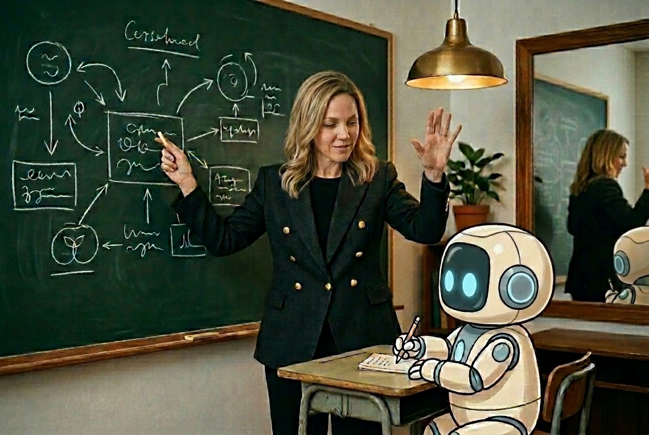 Pam in a charcoal blazer with gold buttons standing at a chalkboard, gesturing mid-sentence as she teaches a friendly cartoon robot taking notes at a small school desk