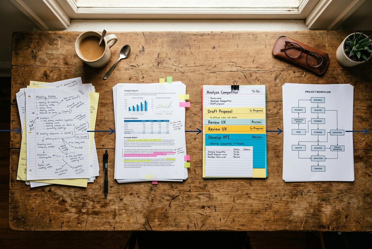 Top-down view of a wooden desk showing four stages of document transformation: messy meeting notes, analysis reports with charts, a kanban task board, and a project workflow flowchart