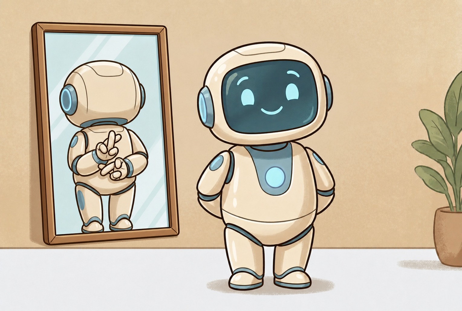 A friendly AI character with fingers crossed behind its back, sheepish grin