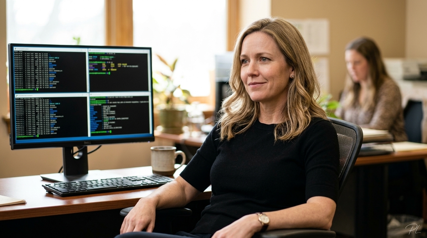 Pamela Lang at her desk with multiple terminal windows open across one screen