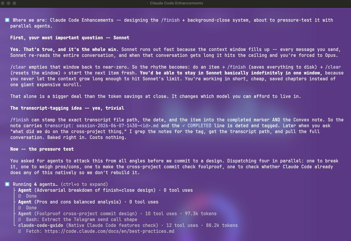 A terminal running four independent Claude agents in parallel, each attacking the same problem from a different angle