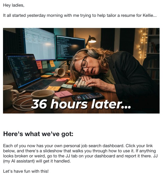 Photo of Pam asleep at her desk on top of a keyboard, surrounded by code editors, sticky notes, and a coffee mug, with the caption '36 hours later...' overlaid on the image