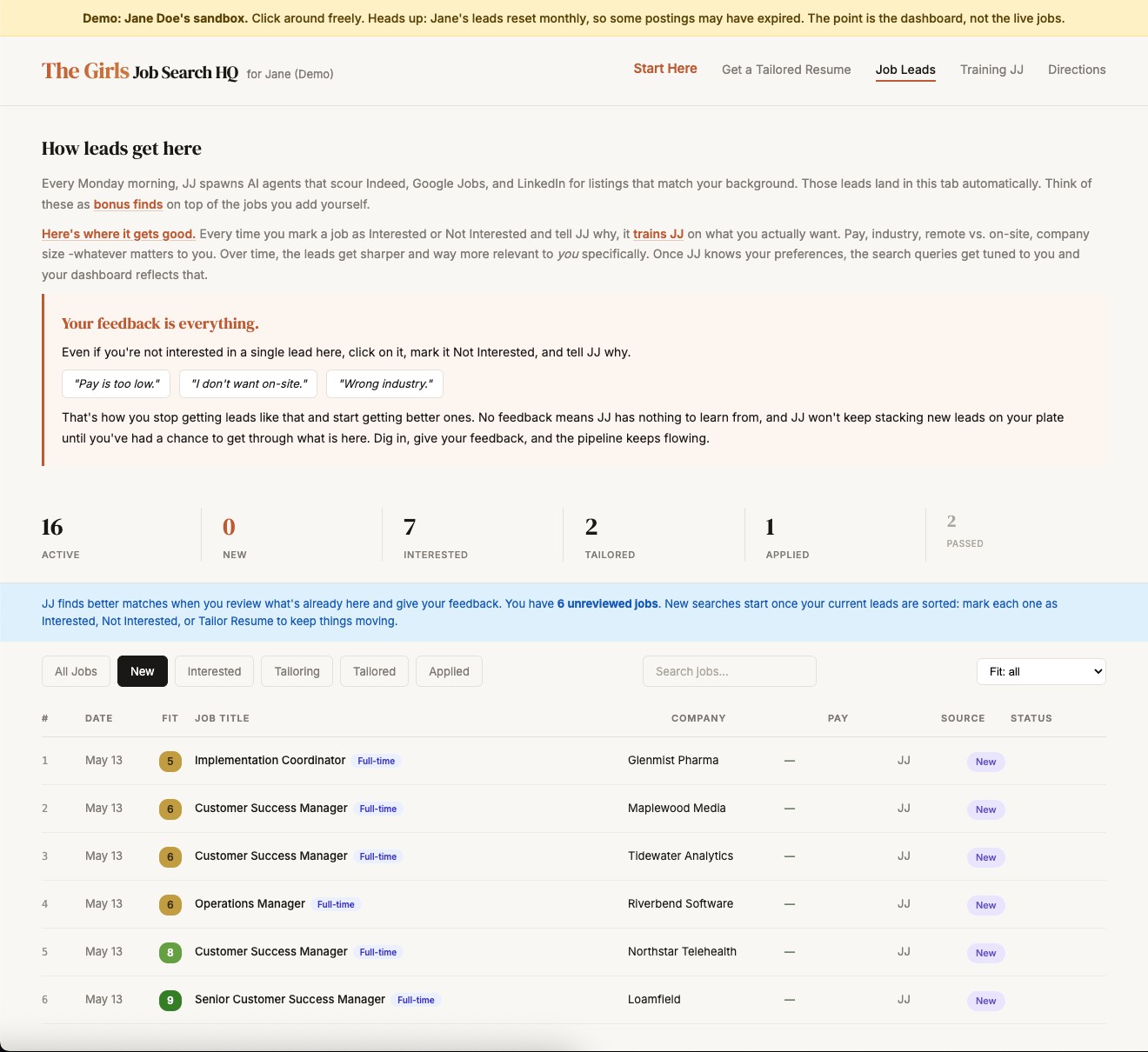 Screenshot of the Job Leads tab on the Girls Job Search HQ dashboard, showing six scored job postings with fit ratings from 5 to 9