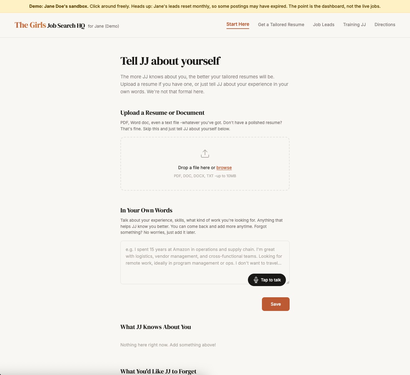 Screenshot of the Start Here page on Jane Doe's demo, showing a Tell JJ about yourself form with options to upload a resume or describe experience in your own words