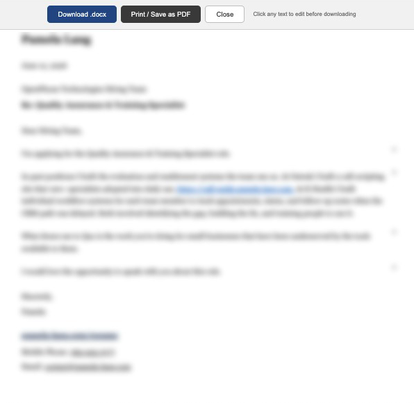 The matching cover letter open in the same editor, with the same Download docx and Print Save as PDF buttons at the top