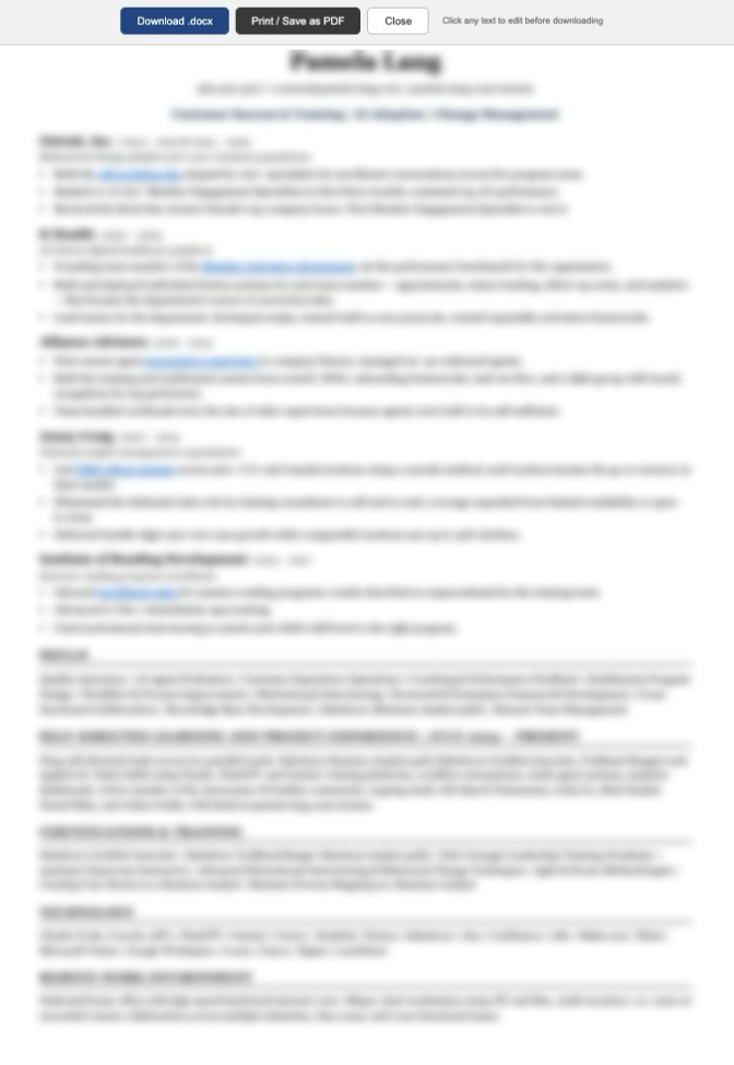 A tailored resume open in the editor, fully editable, with Download docx and Print Save as PDF buttons at the top
