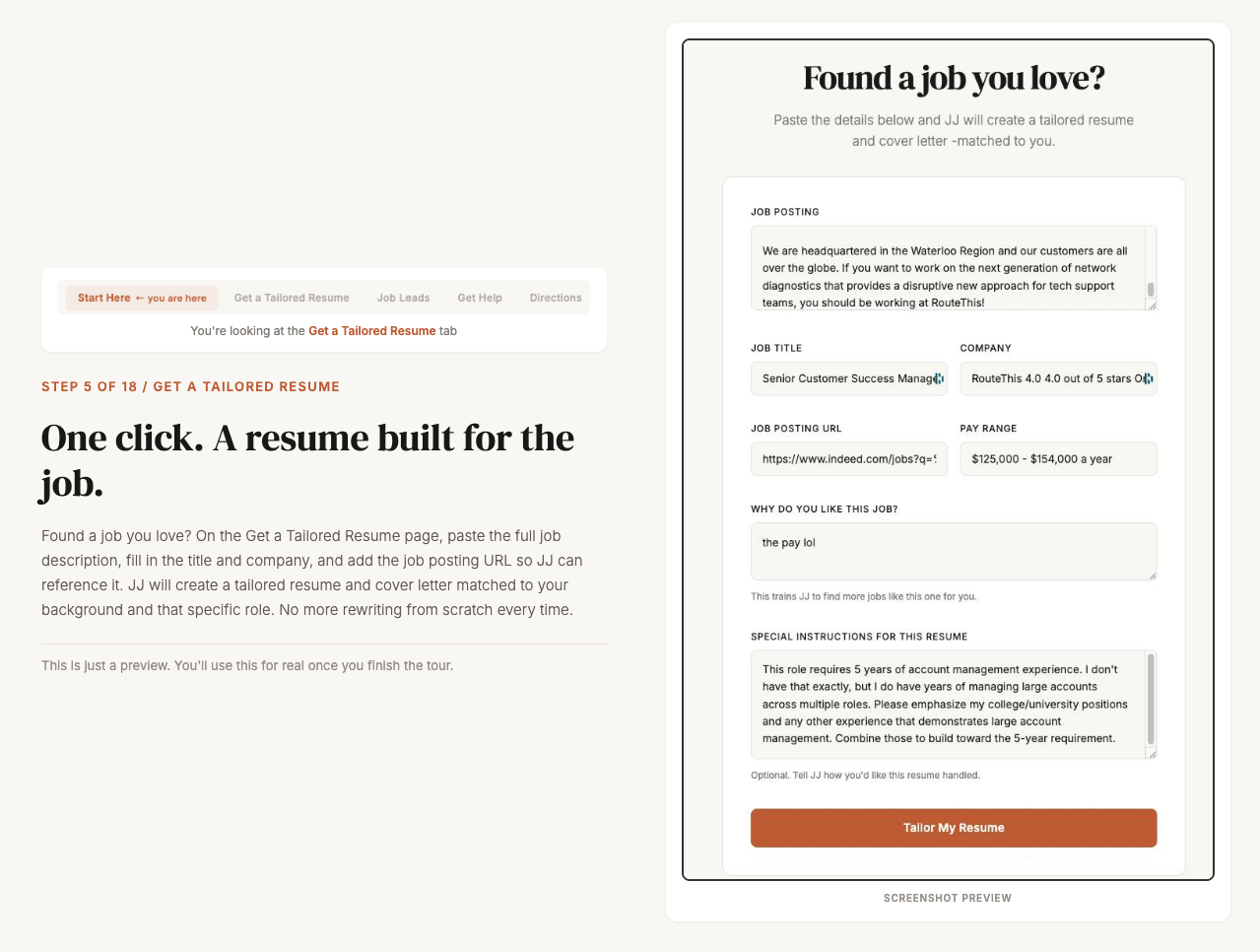 The Get a Tailored Resume screen, where the user pastes a job posting and adds special instructions for how JJ should tailor the resume