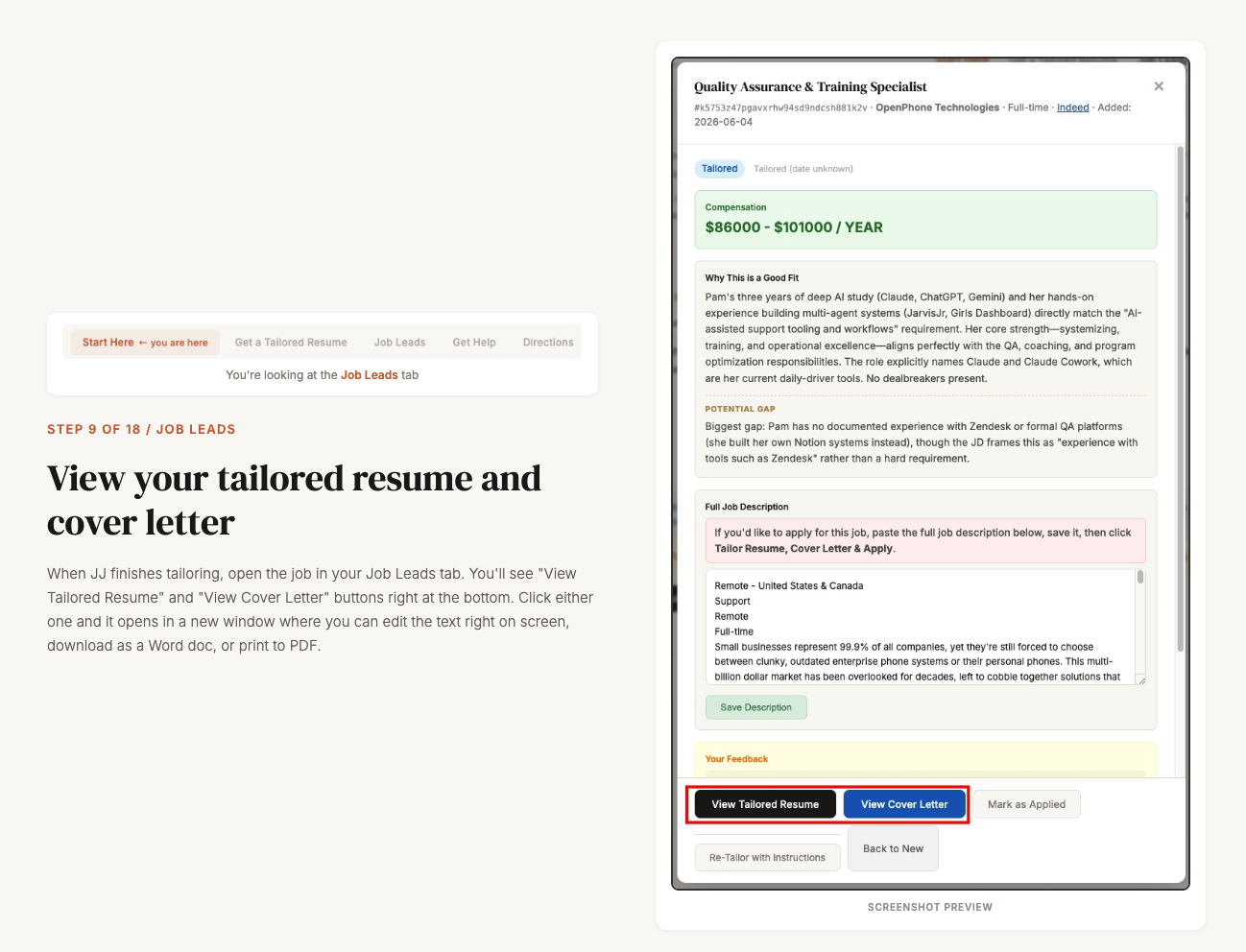 The Job Leads screen showing a tailored job with View Tailored Resume and View Cover Letter buttons highlighted at the bottom