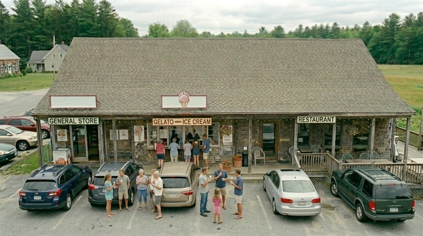 Customers gathered at the outdoor gelato and ice cream walk-up window of the rural Maine general store, relaxed and social, holding cones and chatting