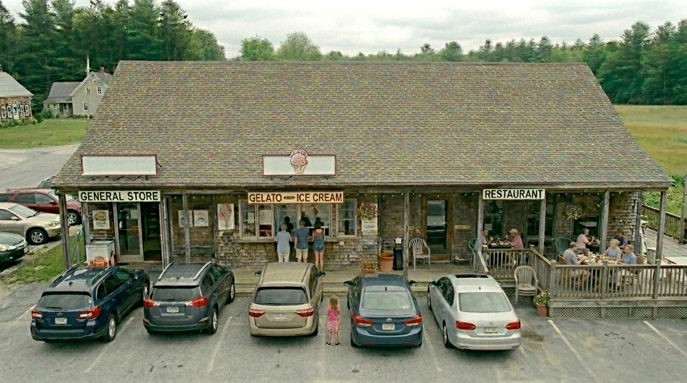 The rural Maine general store on a full summer weekend, parking lot packed, patio filled with people dining comfortably at tables, the promotion working exactly as intended