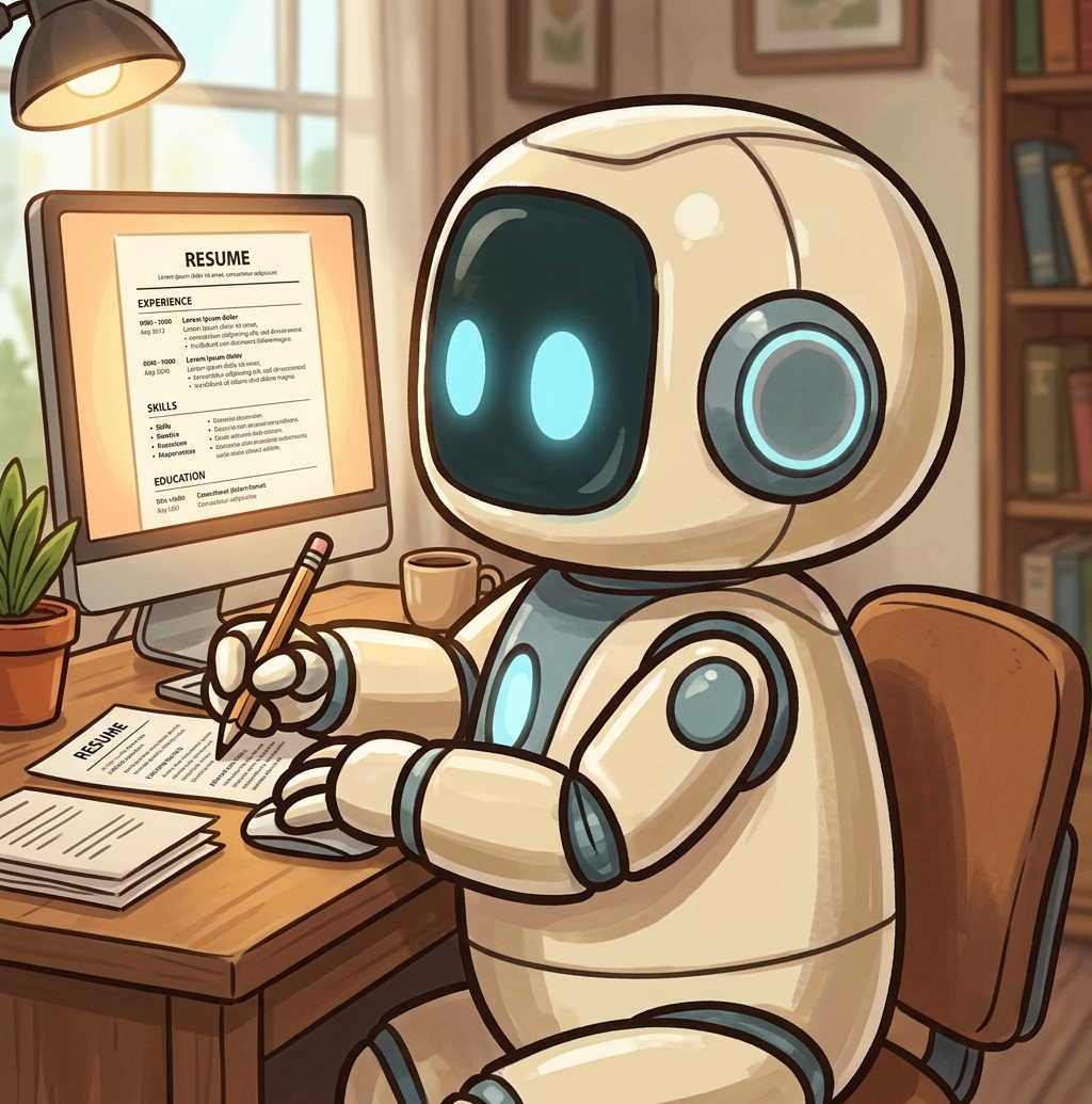 JJ, the little robot assistant, sitting at a desk editing a resume on a computer screen