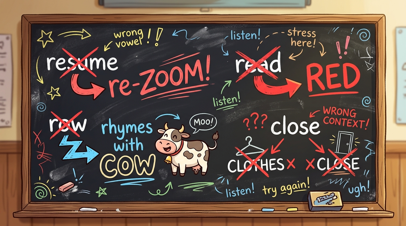 Chalkboard showing voice clone pronunciation fails: resume to re-ZOOM, row rhymes with cow, read to red