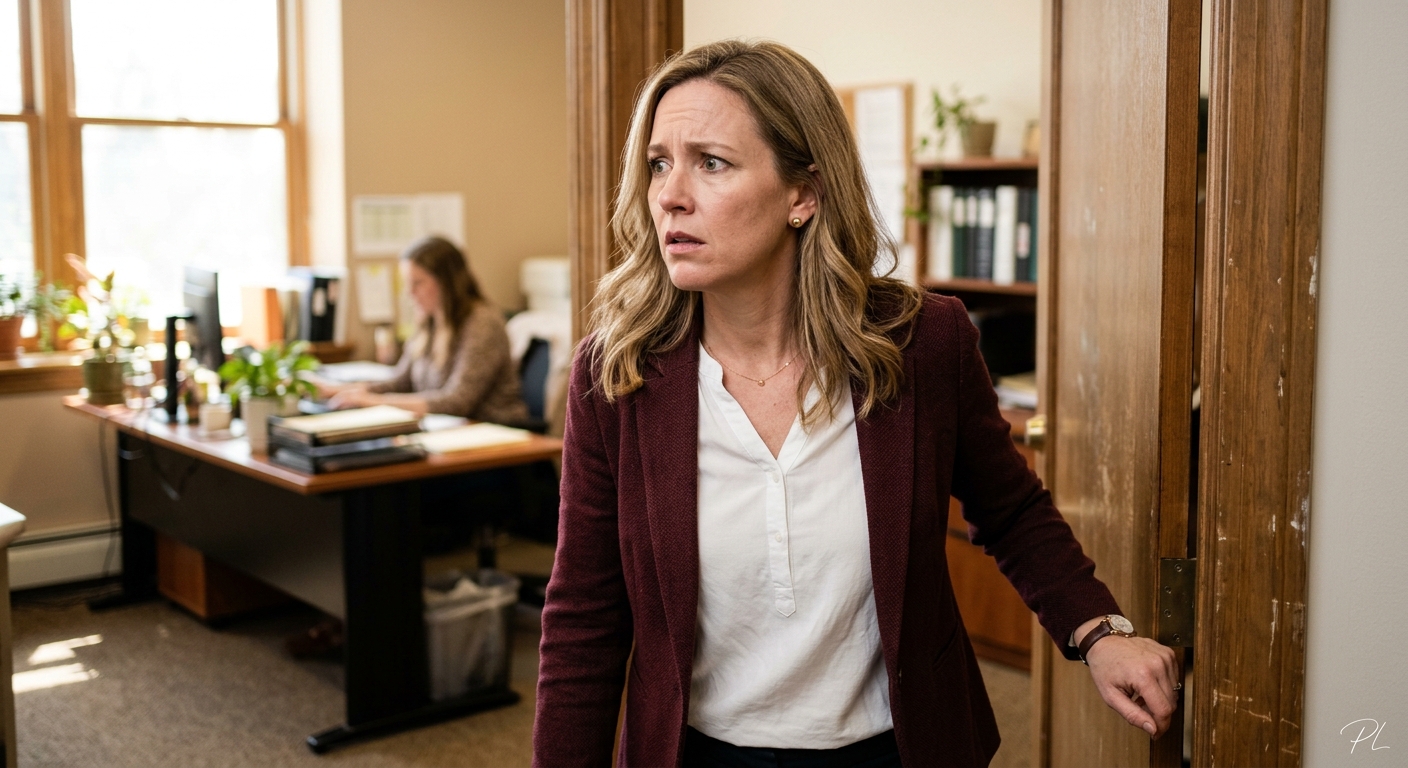A woman in a burgundy blazer stepping through an office doorway, her expression shifting from confident to quietly concerned