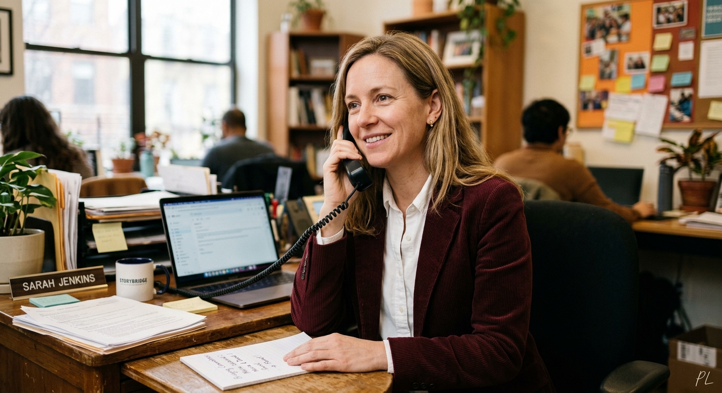 A woman at a desk with a phone to her ear, calm and warm, bridging a connection between two people