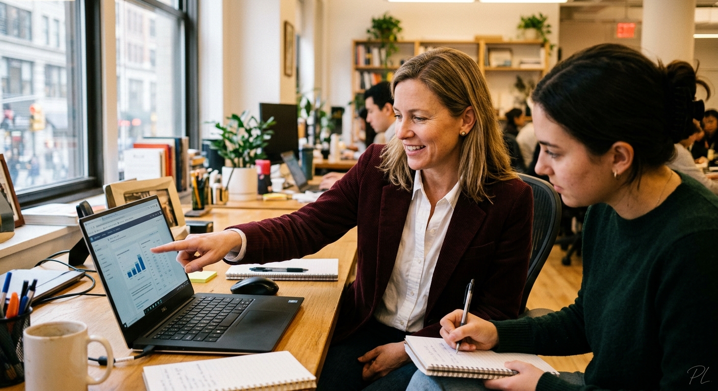 A woman pointing at a laptop screen while a younger colleague beside her leans in and takes notes