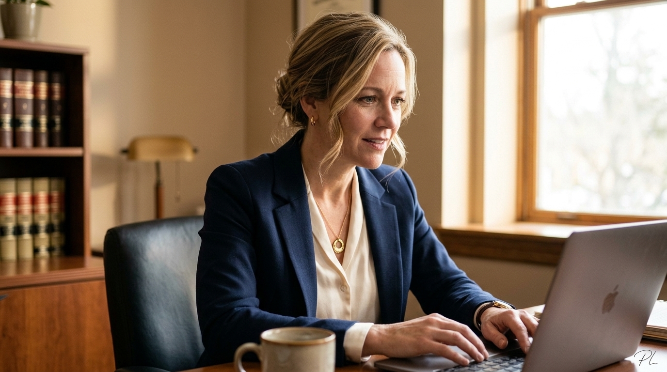 Woman at a desk comparing two laptop screens: one showing an outdated workflow with red X marks, the other showing a cleaner updated version with green checkmarks. Warm morning light, focused energy.