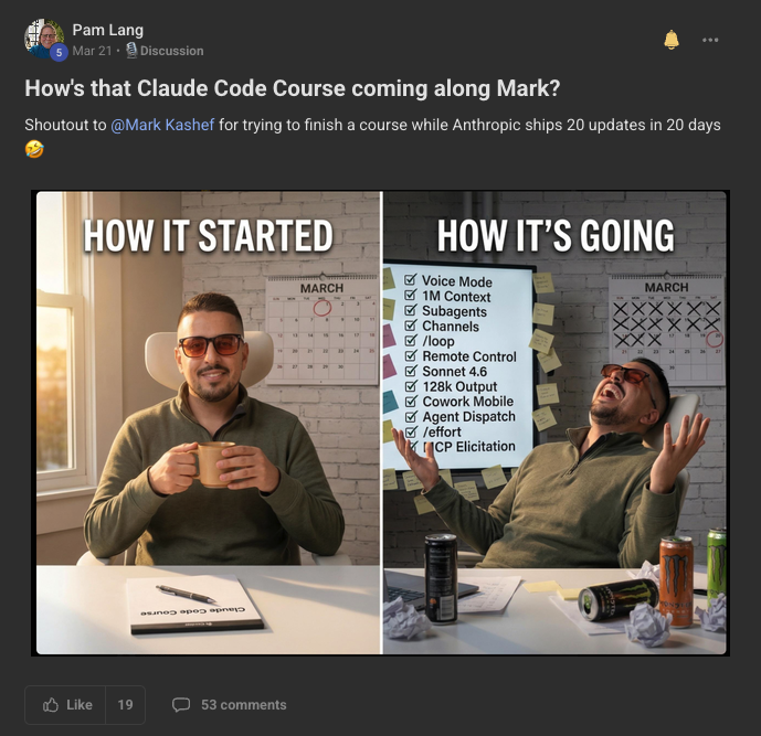 A community discussion post titled How's that Claude Code Course coming along Mark, with a shoutout to Mark Kashef for trying to finish a course while Anthropic ships 20 updates in 20 days, next to a split before-and-after screenshot.