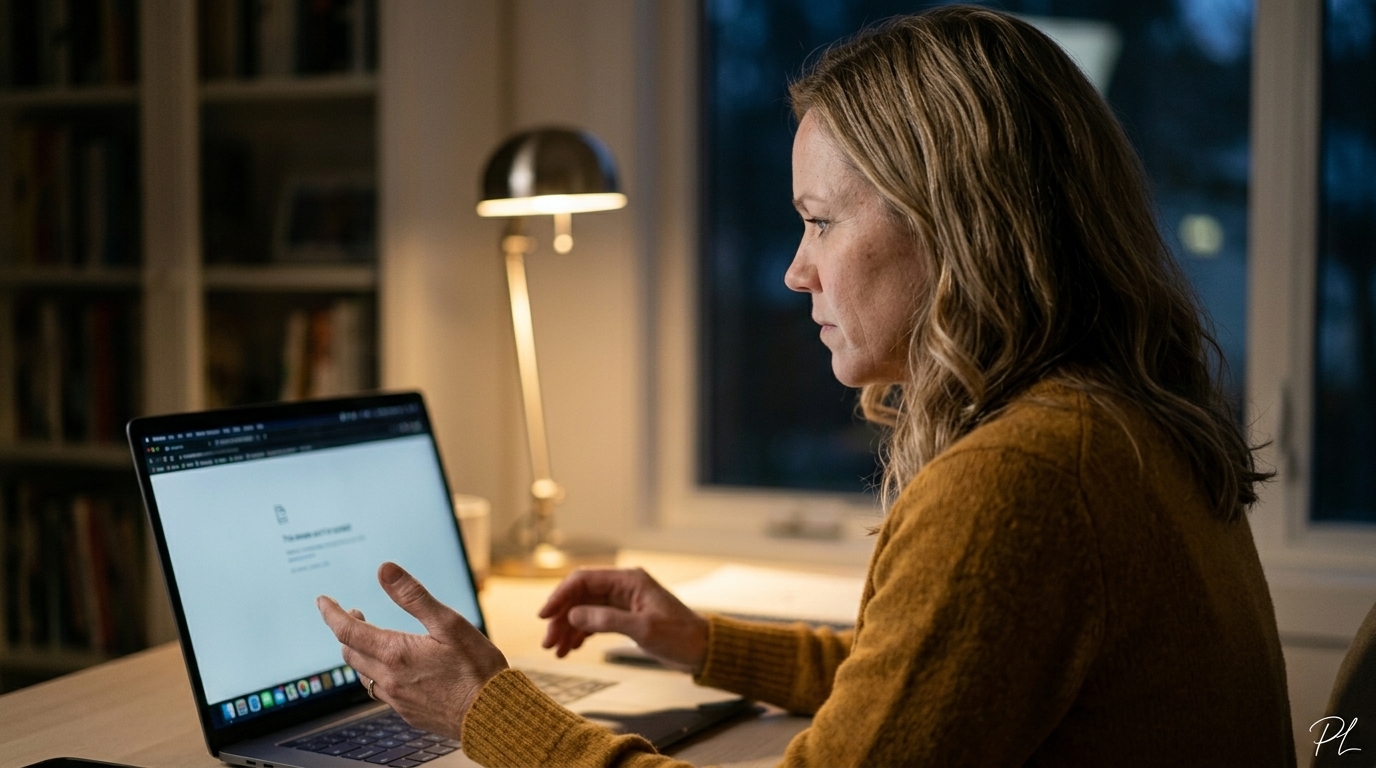 A woman at her evening home-office desk leaning back from her laptop, her work paused after hitting a usage limit