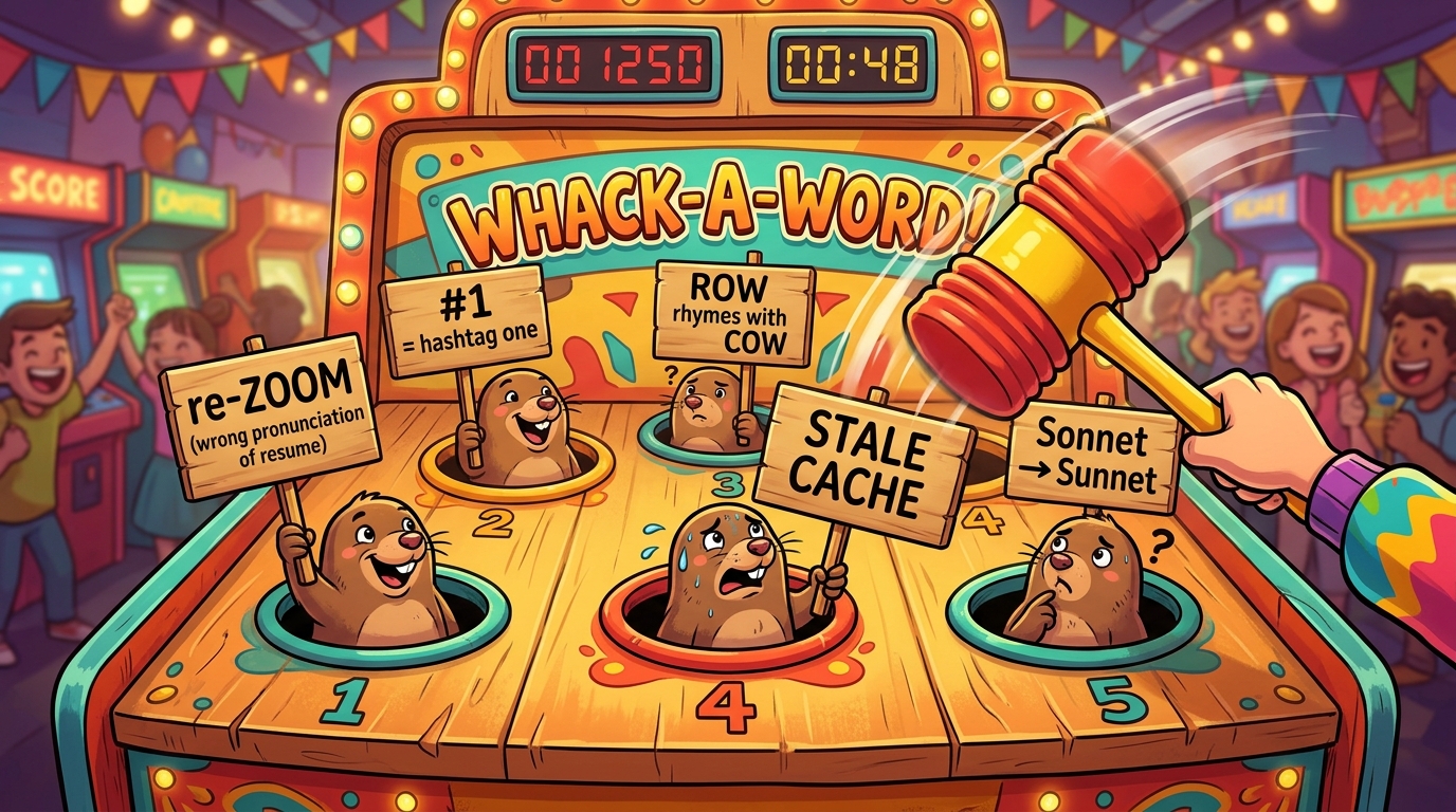 Whack-a-mole game where the problems are voice clone bugs