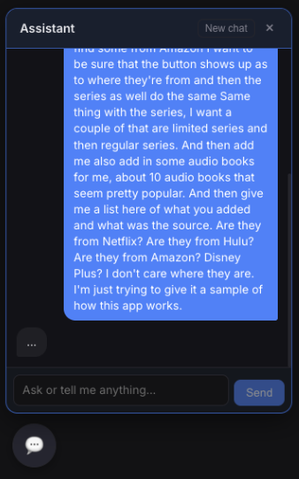 Chat prompt asking the assistant to add popular movies, series, and audiobooks