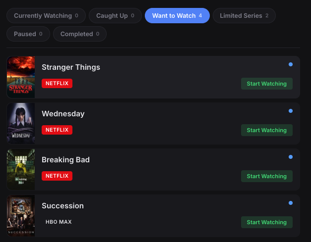 Series tab showing Want to Watch list with Netflix badges on Stranger Things, Wednesday, and Breaking Bad