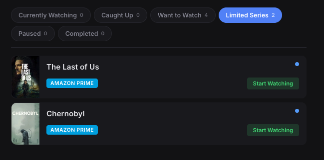 Limited Series filter showing The Last of Us and Chernobyl