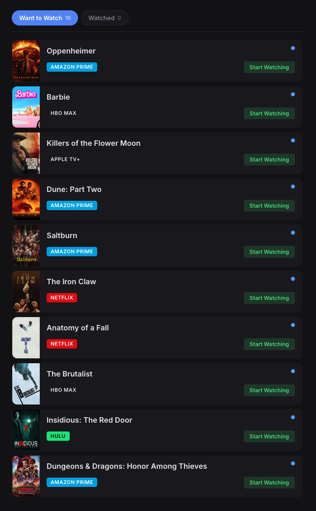 Entertainment App movies list with platform badges