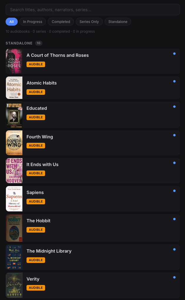 Audiobooks tab showing ten titles including Atomic Habits, Educated, Fourth Wing, and The Hobbit