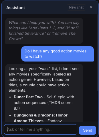 Chat assistant answering a question about action movies, recommending Dune Part Two and Dungeons and Dragons
