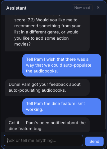 Chat showing user sending feedback to Pam about auto-populating audiobooks and the dice feature bug