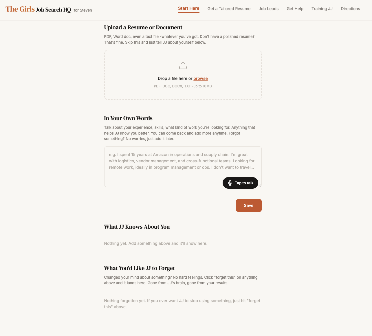 Start Here page with resume upload and free-form background text field