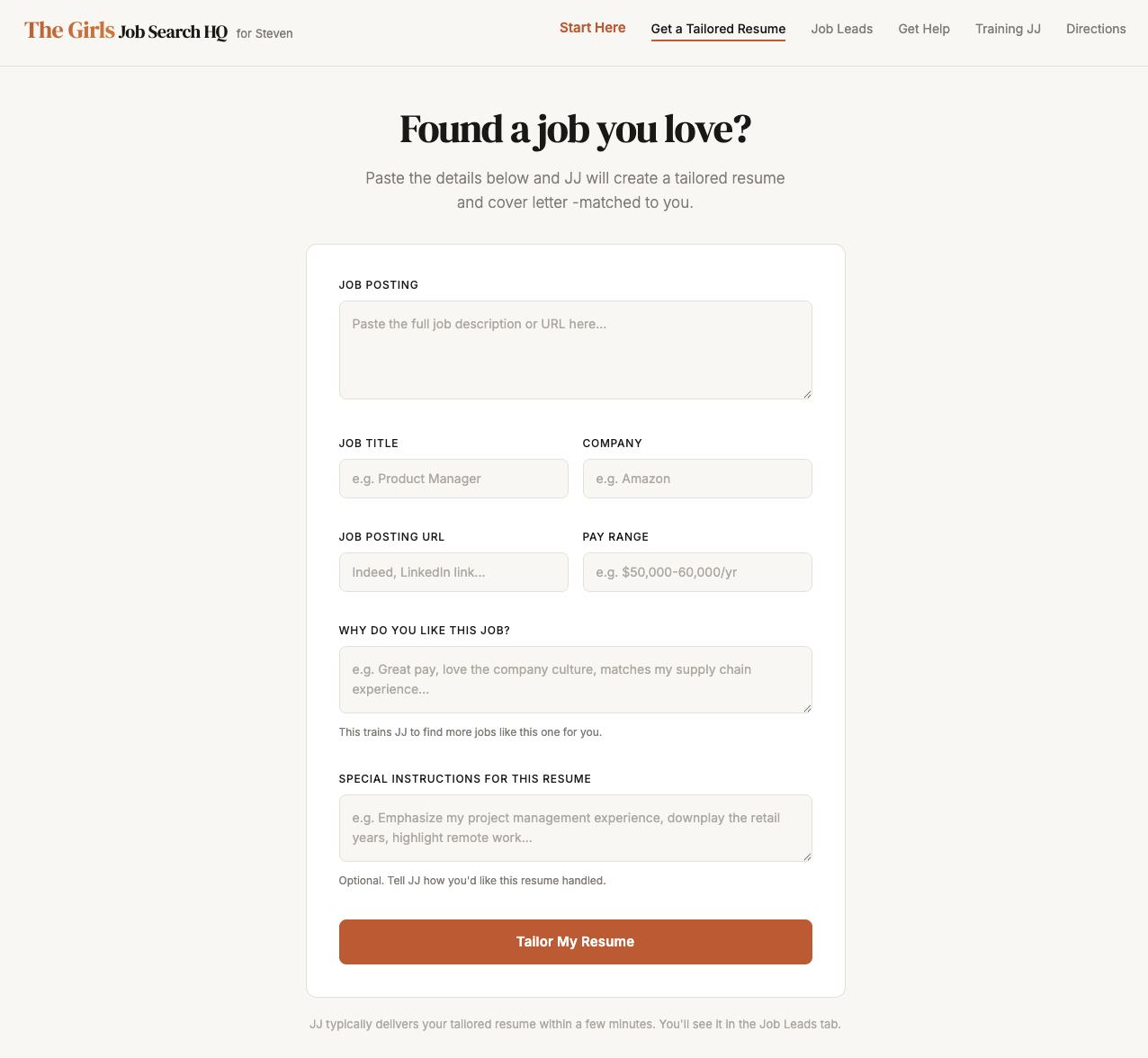 Get a Tailored Resume page with job posting input, title, company, URL, pay range fields