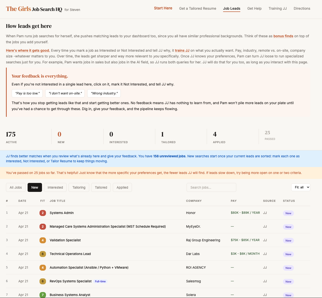 Friends Job Dashboard showing auto-populated job leads with fit scores