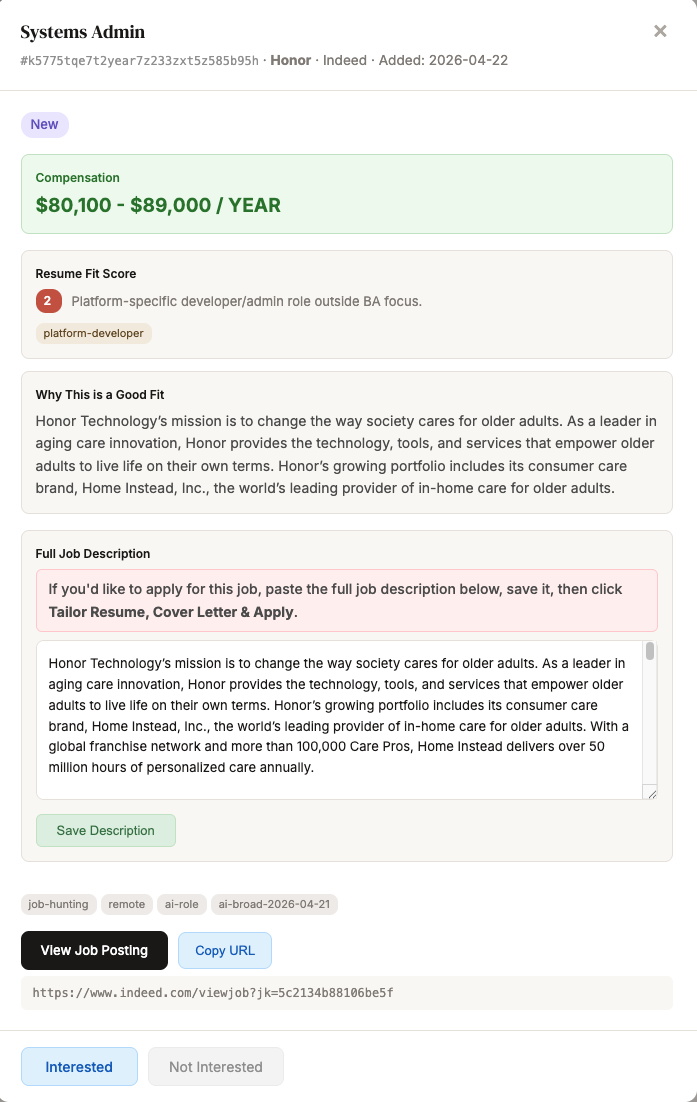 Job detail panel with fit score, full description, and interested/not interested buttons