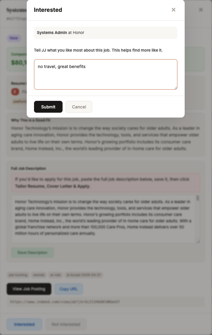 Interested modal asking user to tell JJ what they like about the job