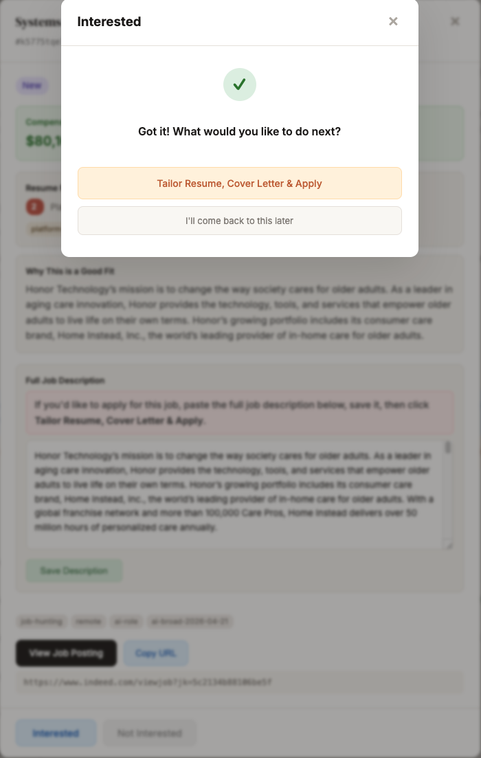 After marking interested - option to tailor resume, cover letter and apply