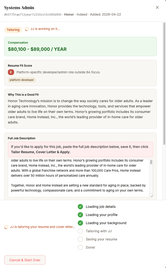 Tailoring in progress with step-by-step status showing JJ working
