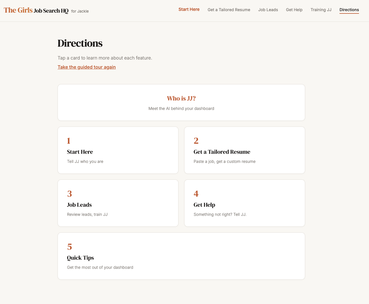 Directions page with all five feature cards collapsed