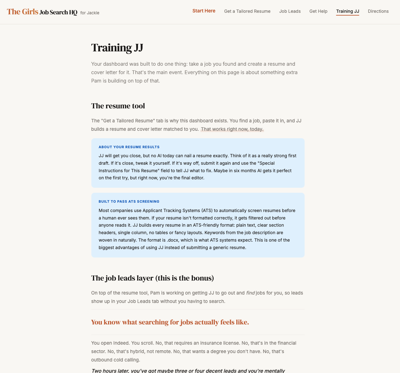 Training JJ page explaining the resume tool, ATS screening, job leads layer, and feedback loop