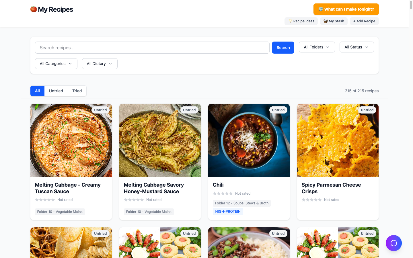 Recipe App home view showing recipe library