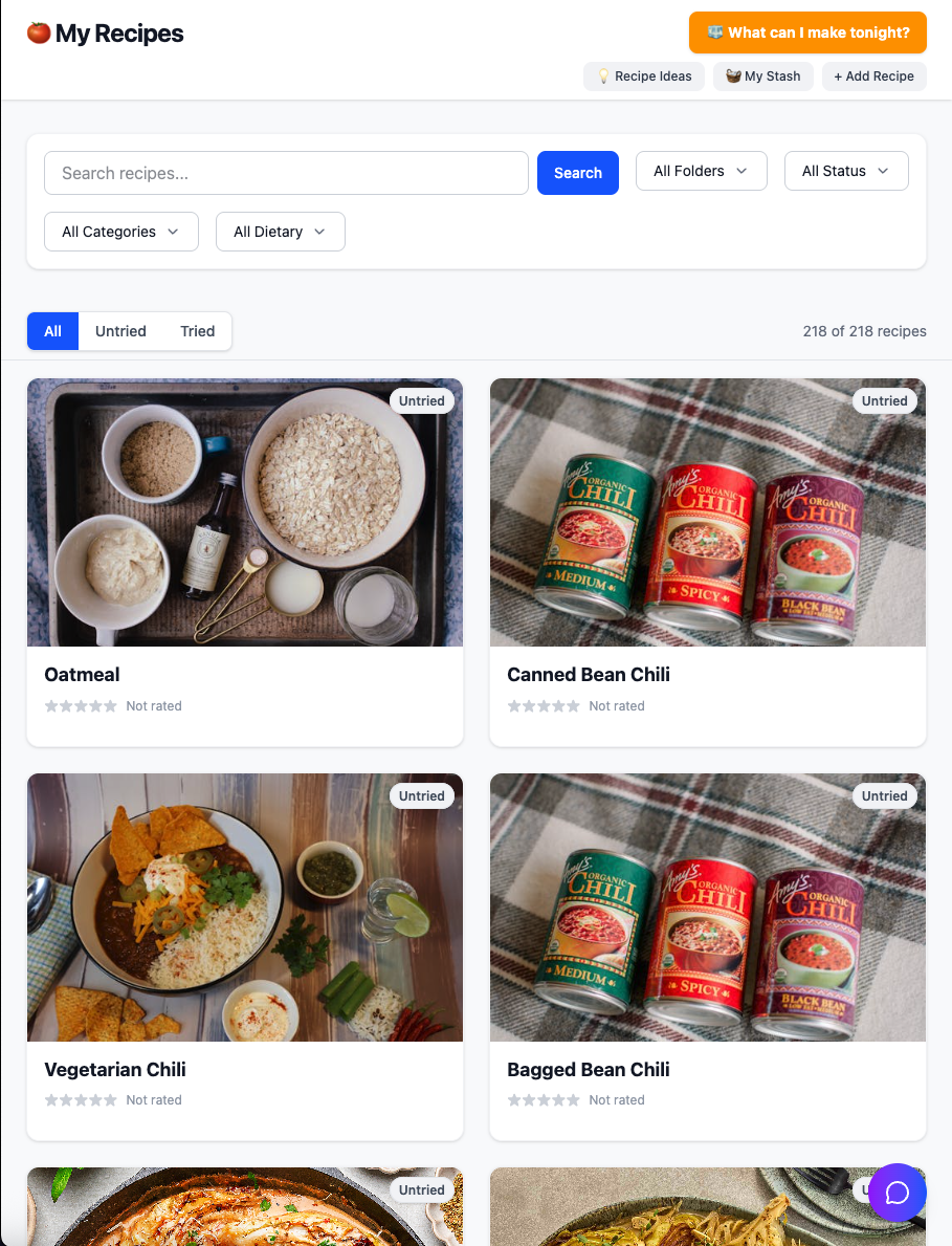 My Recipes library showing Oatmeal, Canned Bean Chili, Vegetarian Chili, and Bagged Bean Chili as new recipe cards