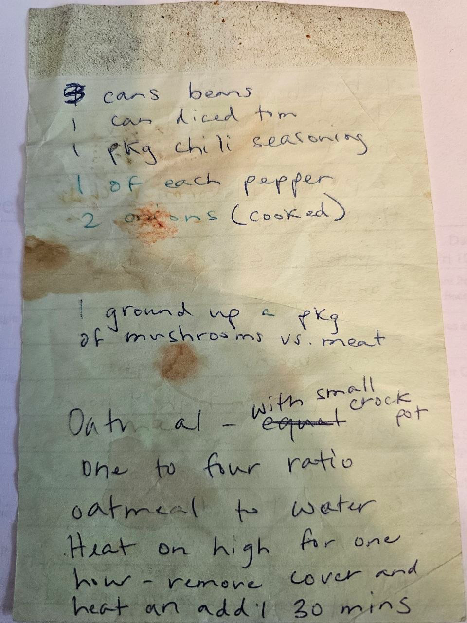 Handwritten chili recipe card, back