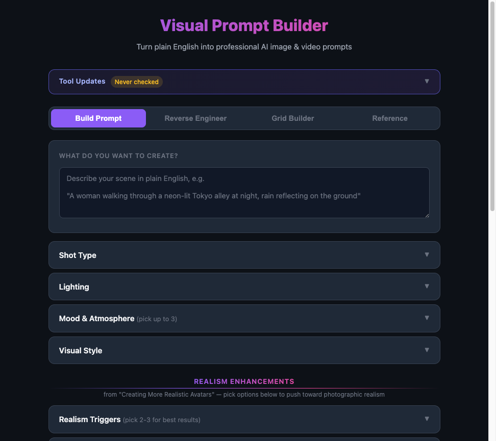Visual Prompt Builder interface showing prompt building fields for shot type, lighting, mood, and visual style