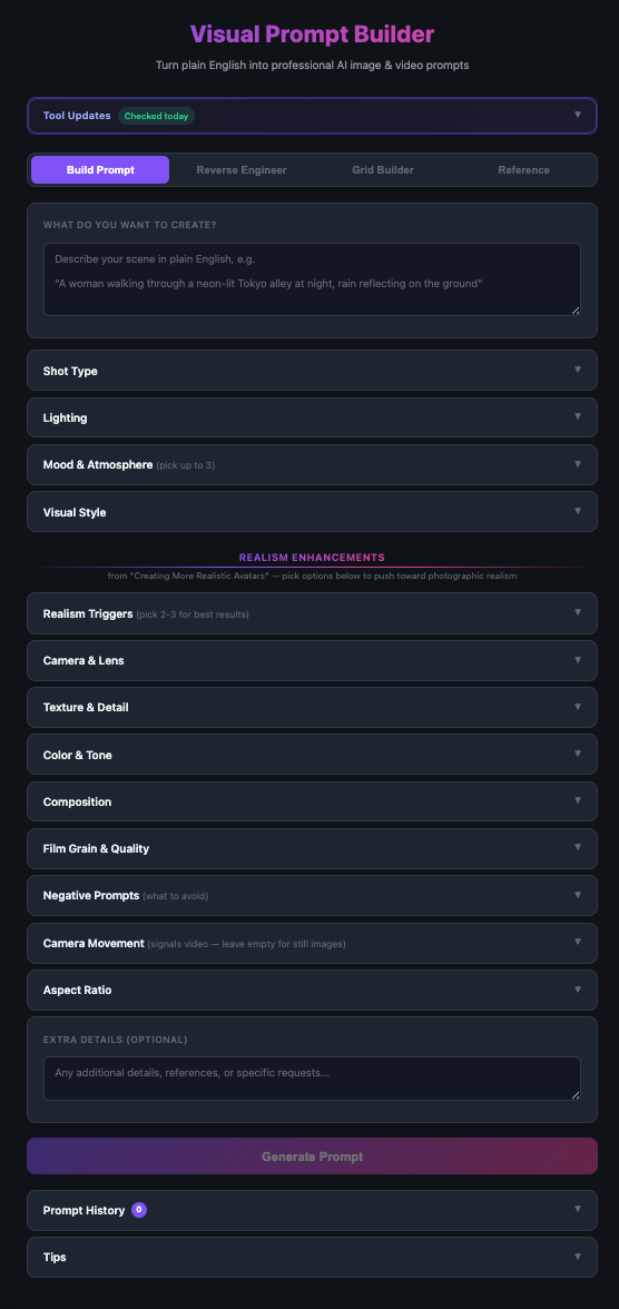 Build Prompt tab showing all collapsed parameter sections: Shot Type, Lighting, Mood, Visual Style, Realism Triggers, Camera and Lens, and more