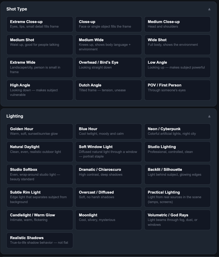 Build Prompt tab with Shot Type and Lighting sections expanded, showing clickable option tiles with labels and descriptions