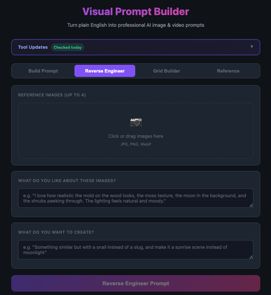 Reverse Engineer tab with upload area for reference images, a field for what you like about them, and a field for what you want to create