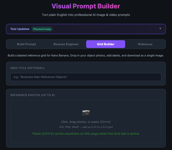 Grid Builder tab for building a labeled reference grid for Nano Banana, with title input and photo upload area for up to 9 images