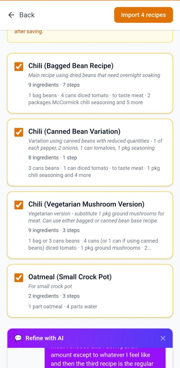 Phone view showing all four recipes the AI detected from one stained sticky note