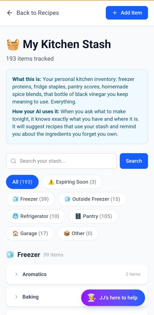 My Kitchen Stash landing screen showing 193 items grouped by where they live